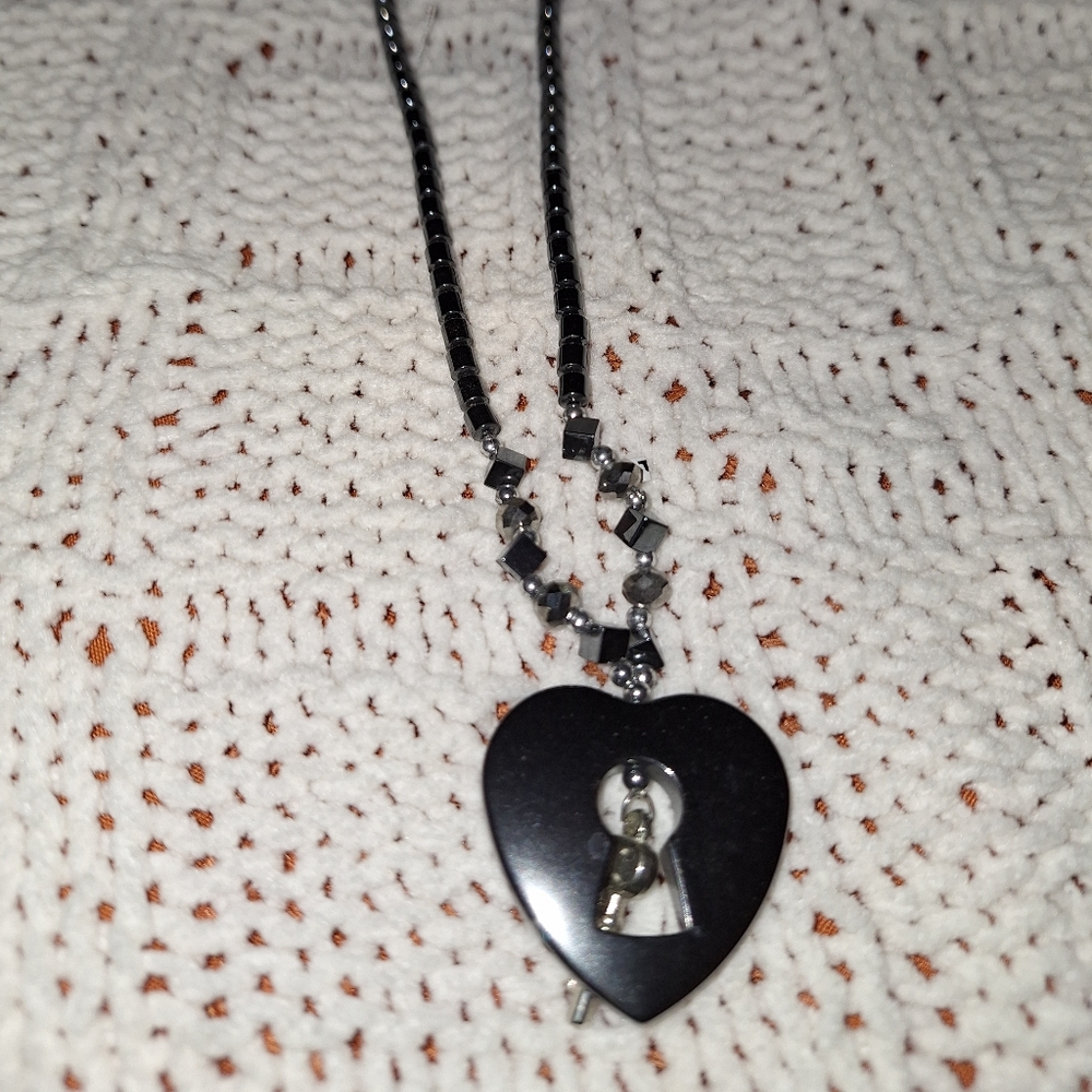 HEMATITE Black Heart Lock Pendant Necklace